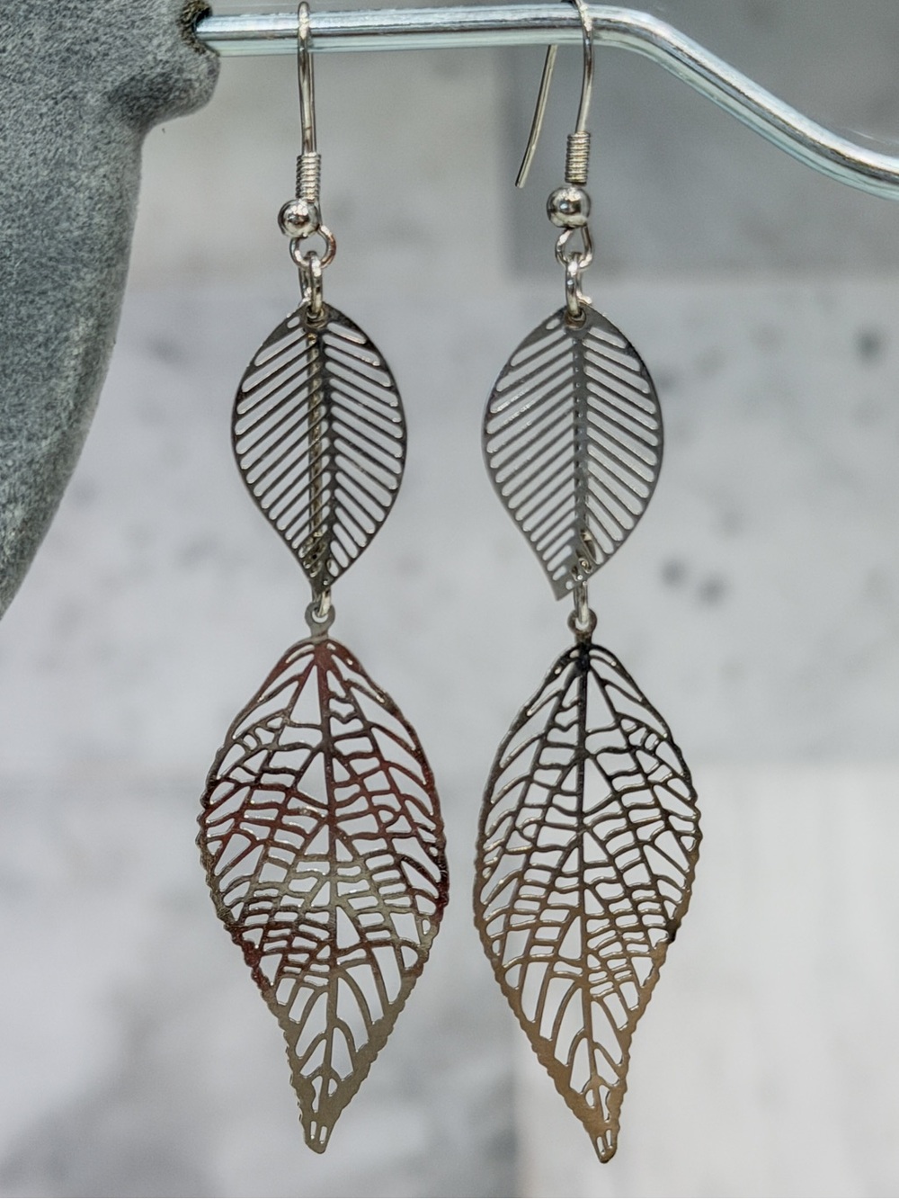 Silver Filigree Dangling Double Leaf Earrings